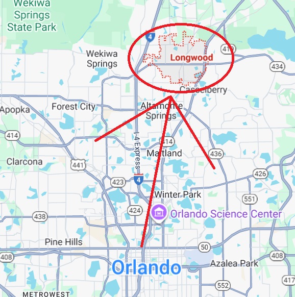 longwood florida on map, route from orlando